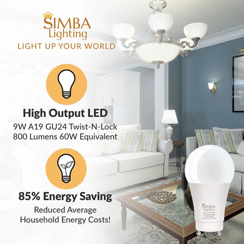 Living room with GU24 LED A19 Light Bulbs 9W 60W To 75W Replacement 4 Pack 120V 2 Prong Twist And Lock Base Daylight 5000K