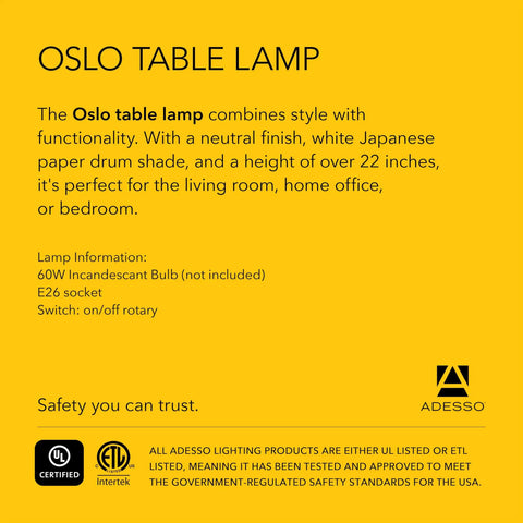 Oslo Table Lamp product information card with safety certifications and product details in yellow background.
