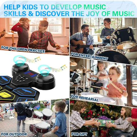 Collage showing kids with Roll Up Portable Electric Drum Set With MIDI Practice Pad And Bluetooth in various settings.