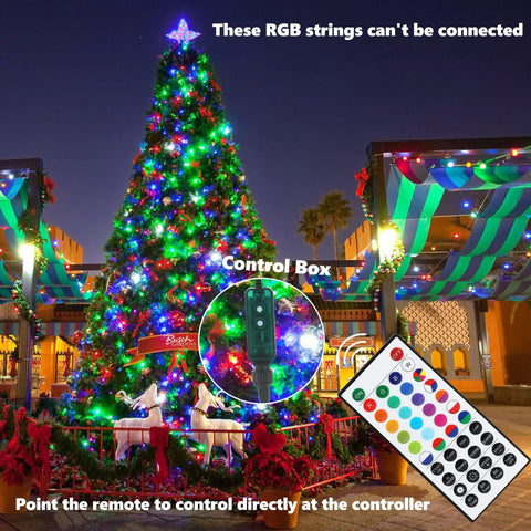 164Ft 500LED RGB String Lights Outdoor With Remote Timer Memory Waterproof lighting up a Christmas tree with 24 colors and 8 modes