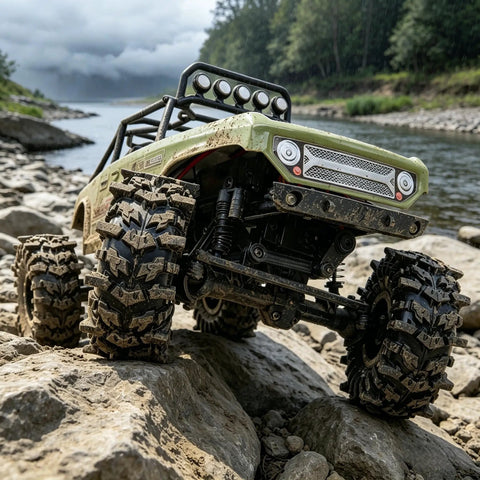 Batwing Tread 58mm 1.0 Inch RC Crawler Tires 4 Pack For TRX4M SCX24 AX24 on rocks by river in natural setting