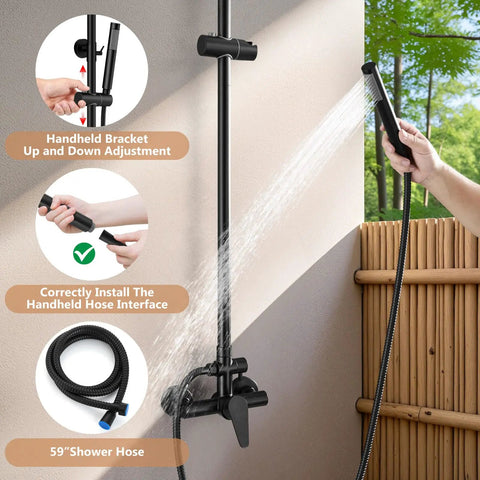 Heavy Duty Outdoor Shower Kit Including 8 Inch Rain Faceplate And Handheld Wand In Matte Black Done Right On 304 Stainless Steel For Decks Pools And Yards Rock Solid Construction With Rust Resistant Armor That Kicks Summer Heat with 59” shower hose and adjustable handheld bracket.