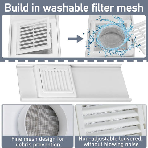 4 Inch Dryer Vent Window Kit With Louvered Cover And Adjustable Window Panels showing washable filter mesh
