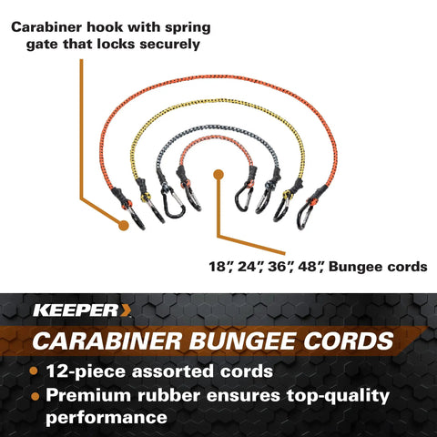 Heavy Duty Carabiner Bungee Cords Set, 12 Pack In Assorted Colors And Sizes, with labels showing sizes 18, 24, 36, 48 inch