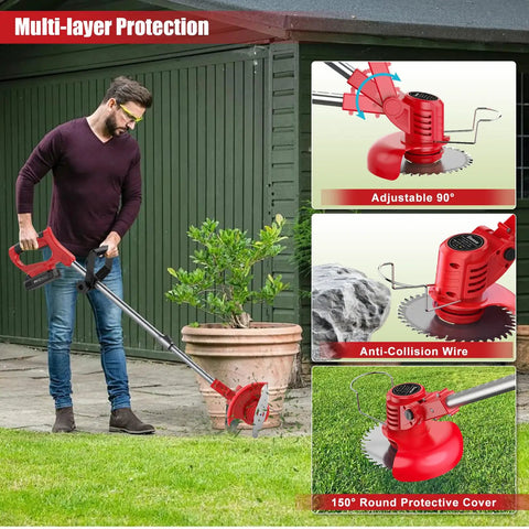 Person using Cordless Weed Eater With Dual 2.0Ah Batteries, 11,000 RPM Power Trimmer, adjustable pole, red, in garden