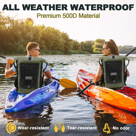 Two kayakers with Waterproof Dry Bag Backpack 35L 55L 85L Heavy Duty Roll Top For Travel Kayaking Boating Camping Rafting And Fishing