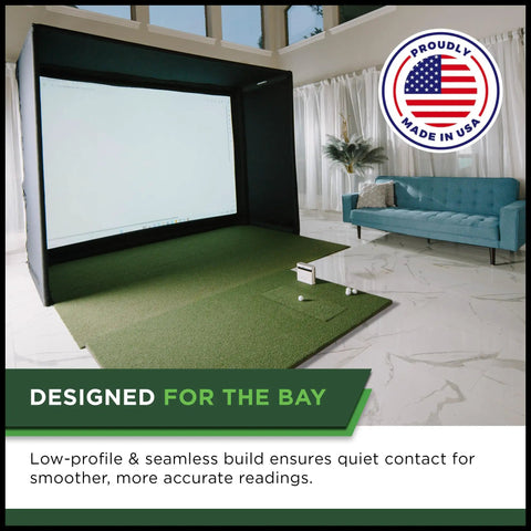 Indoor Golf Hitting Strip Pro Grade Replaceable Mat With Realistic Fairway Feel setup in a home practice area.