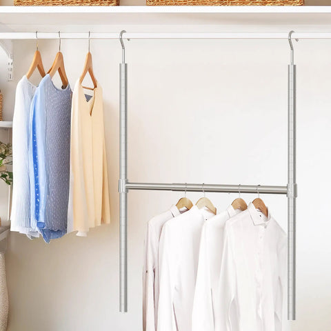 Straight Up Upgrade With This Expandable Chrome Closet Hanging Rod Adjustable Wardrobe Pole For Dorms That Instantly Doubles Your Hanging Storage Holds Heavy Outfits Snugly And Makes Tiny Spaces Work Wonders - chrome rod with white shirts and blouses.