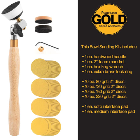 Bowl Sander For Woodturning 44 Piece Set With Two Inch Sanding Discs Hook And Loop Grits 80 120 150 220 and Hardwood Handle