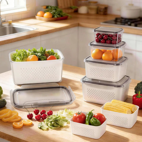 Five Pack Fridge Storage Containers With Removable Colanders, Leakproof Lids, And Clear Lids in kitchen with fruits and vegetables