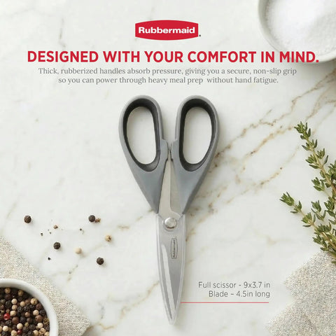 Heavy Duty Stainless Steel Kitchen Scissors With Comfy Non Slip Grip And Reliable Safety Sheath Rust Resistant Chef Shears on a marble surface.