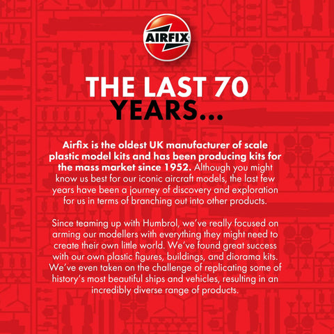 Red advertisement for Airfix celebrating 70 years of producing scale plastic model kits since 1952.