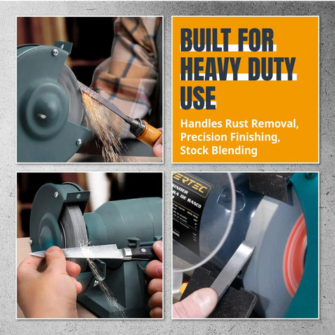 Three images showing an 8 Inch Aluminum Oxide Grinding Wheel for Bench Grinder shaping metal with heavy-duty use signage.