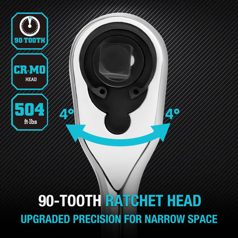 Tough As Nails 1/2 Inch Drive Ratchet Wrench With Extra Long Handle And 90 Tooth Design showing precision ratchet head for tight spaces.