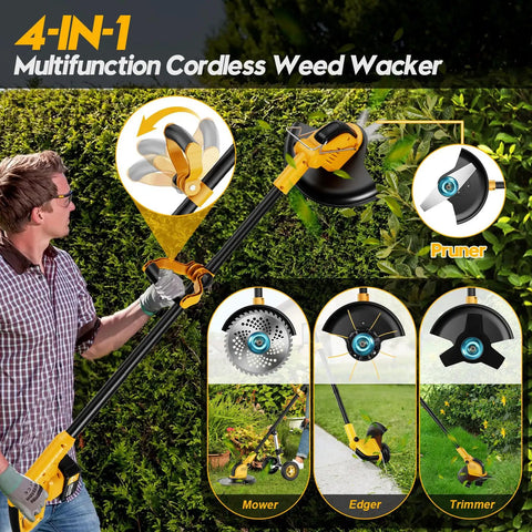 Man using 4-In-1 Cordless Weed Wacker With Wheel No Cords Needed 12-Inch Cutting 20000 RPM Brushless Electric Weed Eater