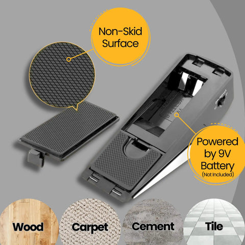 Portable Door Lock And Door Stop Alarm Two Pack Travel Security Bundle For Hotels Dorms And Airbnbs showing non-skid surface and 9V battery compartment.