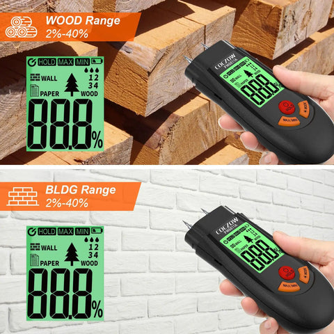 Wood Moisture Meter With Battery And LCD Display For Quick Accurate Moisture Content Reading In Wood Logs Paper Plywood Plaster Walls And Floor Coverings A Handy DIY Friendly Tool For Two Pin Probes Spotting Hidden Leaks shown with wood and wall materials.
