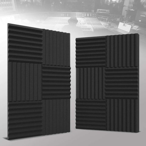 Two charcoal high-density acoustic foam wedges in a studio setting, part of 52 Pack Acoustic Panels 1x12x12 Inches High Density Acoustic Foam Wedges For Dope Soundproof Studio Setup And Tidy Home Office Charcoal Reverberation Control.