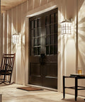 Front view of porch with Beacon Square Outdoor Wall Light In White 1 Light Exterior Sconce With Clear Hammered Glass Craftsman Style