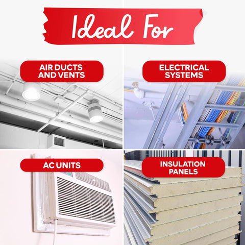 XFasten aluminum foil duct tape collage showing air ducts, electrical cables, a window AC unit, and insulation panels.