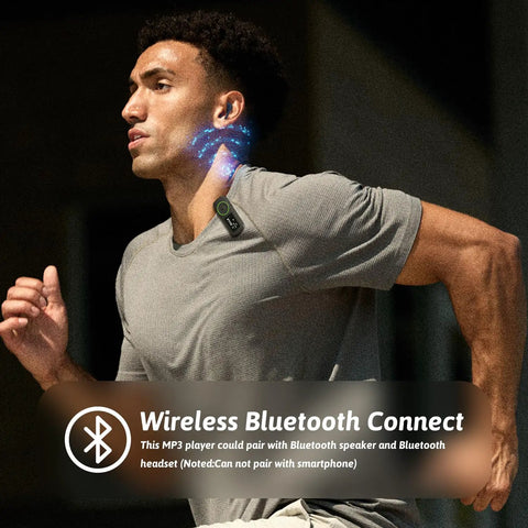 Runner using 64GB Sport Clip On MP3 Player With Bluetooth 5.3 Ultra Light Mini Clip On Recorder during a workout