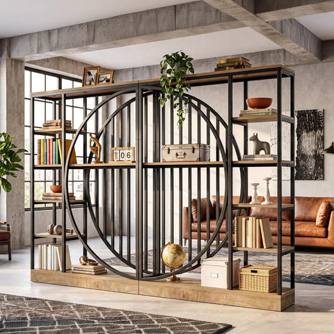 Dope Tall Industrial Bookshelf Set Of 2 With Reversible 5 Tier Shelves 70.9 inches tall, freestanding in modern living room.