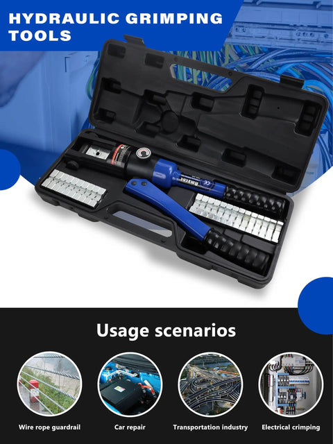 Beefy 16 Ton Hydraulic Cable Lug Crimper Kit For 9 AWG To 600 MCM Electrical Terminals, Heavy Duty Wire Tool Set With 13 Die Sets