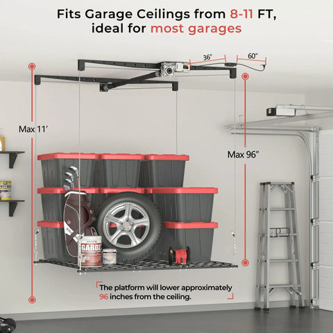Game Changing Motorized Garage Ceiling Storage Rack With Remote Control 4 By 4 Ft Overhead Lift System with storage bins and tire.