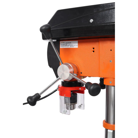Close-up of 12 Inch Benchtop Drill Press With Laser And Digital Readout Pro Grade Variable Speed handle mechanism.