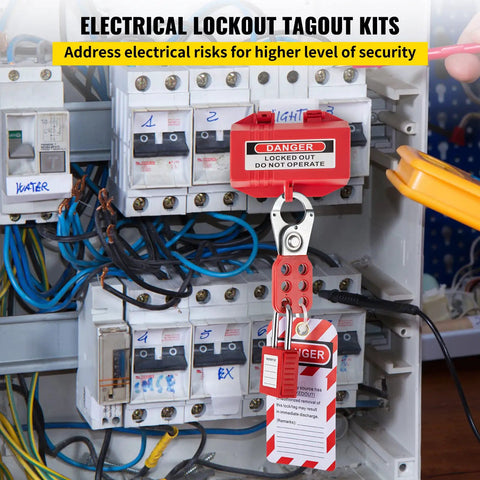 Lockout Tagout Kit 42 Piece Safety Set With Padlocks Hasps Tags Ties And Case For Electrical Lockouts installed on breaker panel.