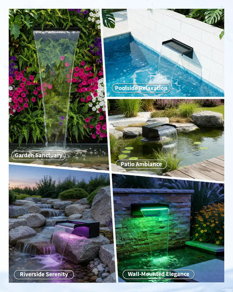 Collage of 8 Inch Pond Waterfall Spillway With RGB LED Lights installed in various outdoor settings like pools and gardens.