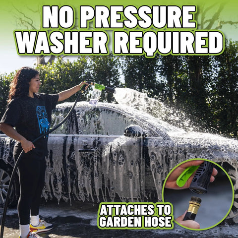Person using Foam Blaster 6 Car Wash Gun And Chenille Microfiber Wash Mitt Kit for thick suds on a car with garden hose attachment