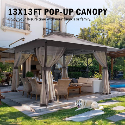 13x13 Outdoor Gazebo With Mosquito Netting And Double Roof Pop Up Canopy Tent In Backyard