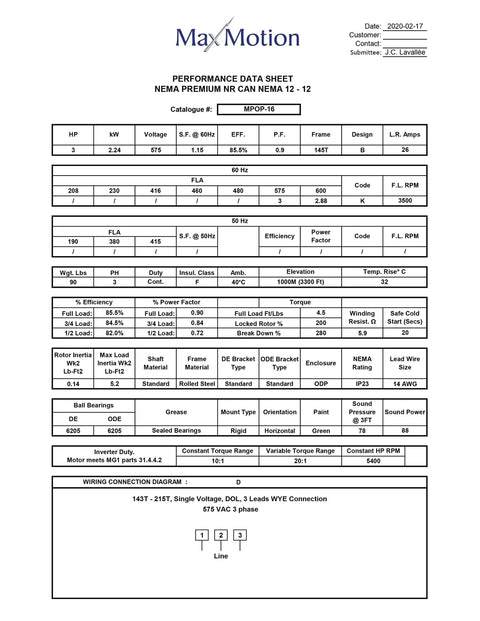 General Purpose 3HP Electric Motor NEMA Design B 3600 RPM 575V Three Phase 60Hz ODP Enclosure 145T Frame Rolled Steel Premium Build 1.15 Service Factor IP23 Industrial Grade For Compressors Pumps Conveyors Fans And More. performance data sheet