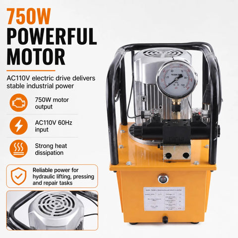 Heavy Duty 750W Electric Hydraulic Pump With Double Acting Design And Pedal Switch Cranking 10000PSI And Dead Accurate Pressure Gauge showing motor and pressure gauge.