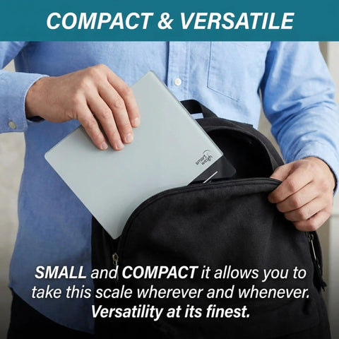 Person placing a small, compact digital postal scale into a black backpack, showcasing versatility for travel and easy access.
