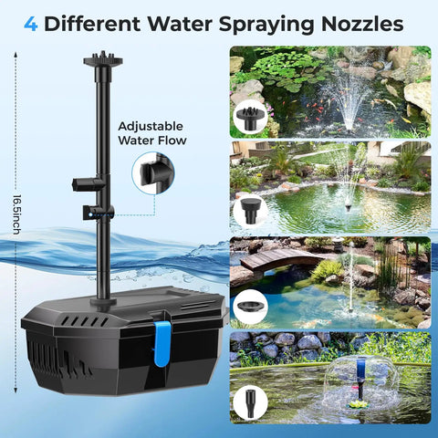 Solar Pond Filter Kit With 12W Panel And 160GPH Fountain Pump showing water spraying nozzles and adjustable flow
