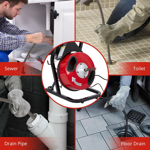 Heavy Duty Electric Drain Cleaning Machine Paired With A Badass Sewer Snake Auger in use clearing toilet, sewer, and floor drains.