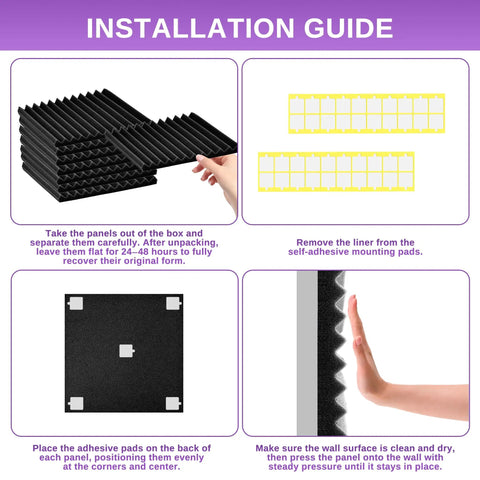 Installation guide for 52 Pack Acoustic Foam Panels 1 Inch Thick 12 By 12 Inch Wedge Studio Foam Sound Absorption Wall Panels for Dope Home Recording Studio Office Theater Black Purple.