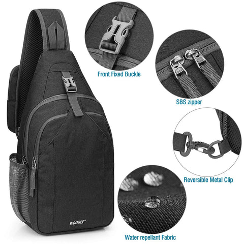 RFID Blocking Sling Bag Crossbody Backpack For Hiking And Travel, showing zippers, front buckle, metal clip, and water-resistant fabric