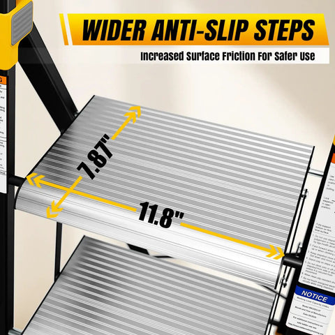Aluminum 4 Step Folding Ladder For Home And Kitchen Portable Space Saving Step Stool With Wide Anti Slip Steps Lightweight 14 Pounds Folds To 55 By 17 By 1.8 Inches For Easy Storage And Safe Everyday Use, close-up of 7.87 x 11.8 in anti-slip step