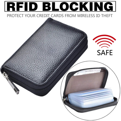 Genuine Leather Card Holder With Zipper Wallet For 26 Cards Black Slim And Durable Compact Go To Card Organizer RFID blocking