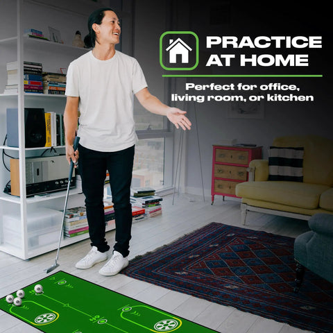 Person practicing on a Ten Foot Green Golf Putting Mat With Realistic Surface For Indoor And Outdoor Training in a home setting.