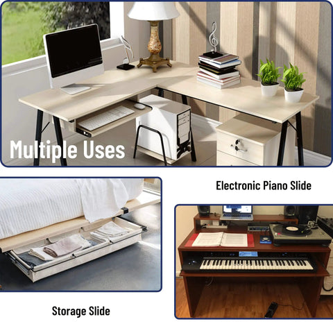 Multiple uses of Heavy Duty 14 Inch Keyboard Slide with Ball Bearing Rails under desk and for storage or piano slide