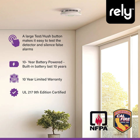 Ceiling-mounted 2-in-1 Smoke And Carbon Monoxide Detector With 10-Year Sealed Battery, RealAlerts Voice Guidance And LED Ring, Dual Sensor Fire And CO Protection For Whole Home Safety, 1 Pack in living room with warranty icons.