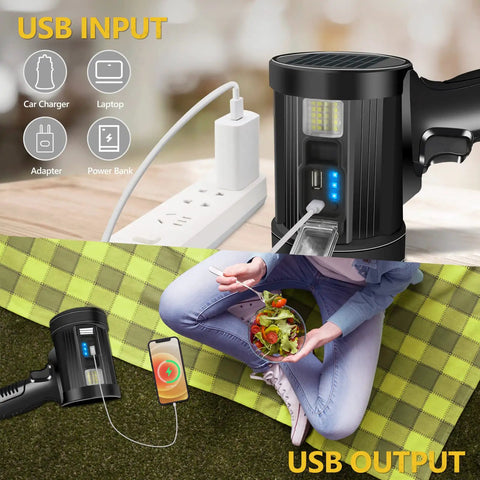 Beast 1 Million Lumens Spotlight With Solar Charging connected to USB, showing input and output functionality, ideal for outdoor use.