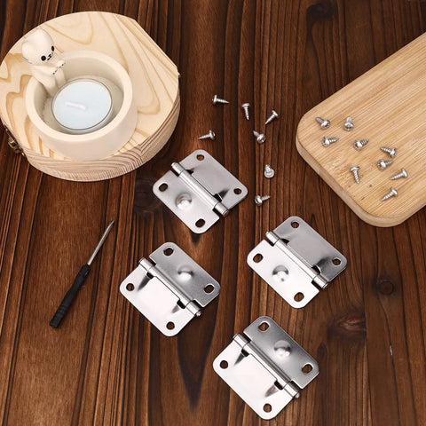 Stainless Steel Cooler Hinge Replacement Kit With Screwdriver And 16 Screws For Ice Chest Freezer Replacement Fits 5235 5250 5286B 6262 6270 Most Models displayed on a wooden surface with screws and a screwdriver.