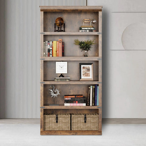 Retro Industrial Bookcase With A Sturdy Iron Frame And MDF Shelves For Living Room displaying books and decor, slick black metal build