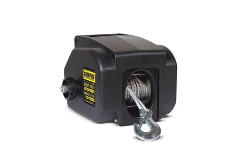 Beefy 2000-Lb Marine And Trailer Winch Kit With 12V DC Motor showing side view of winch cable and hook