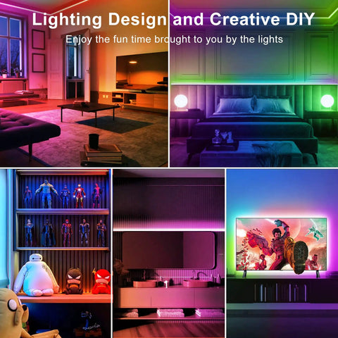 100 Ft RGB LED Strip Lights with remote and app control showcasing vibrant bedroom and TV decor in multiple colors.